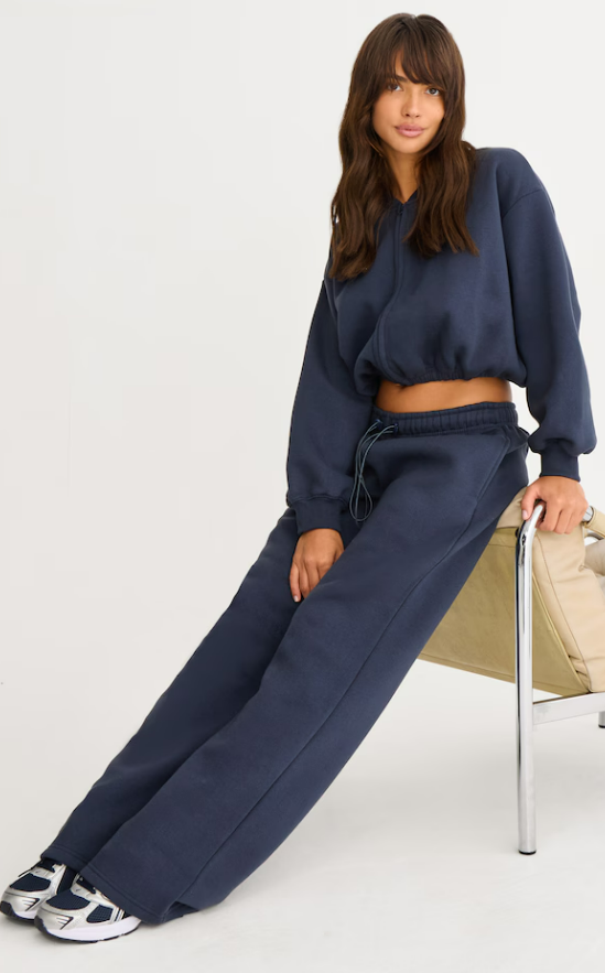 Karawi Navy Drawcord Waist Cropped Zip Up Sweatshirt