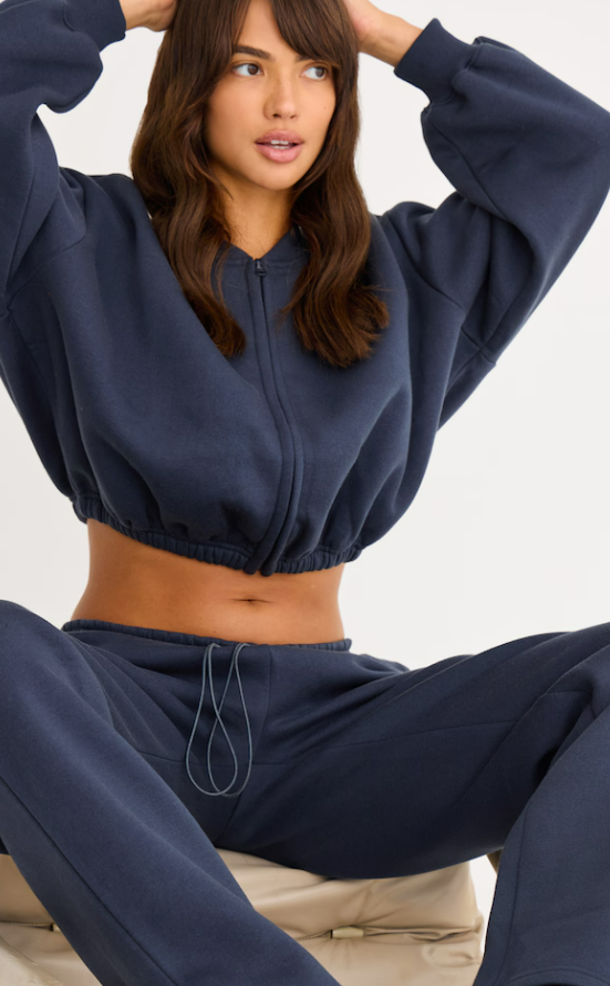 Karawi Navy Drawcord Waist Cropped Zip Up Sweatshirt