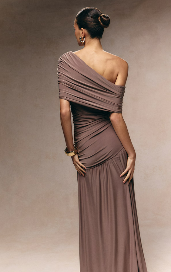 Karawi Taupe Double Layer Slinky Bardot One Shoulder Ruched Maxi Dress