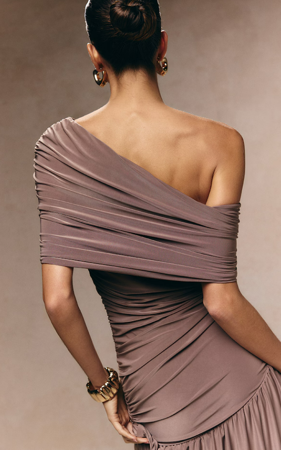 Karawi Taupe Double Layer Slinky Bardot One Shoulder Ruched Maxi Dress